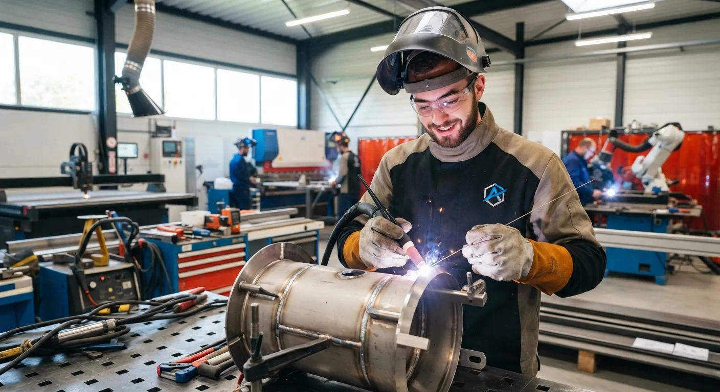 Chaudronnier soudant une virole en acier dans un atelier de chaudronnerie